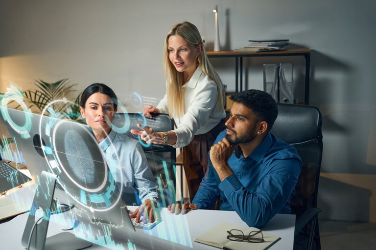Team collaboration in high-tech office setting