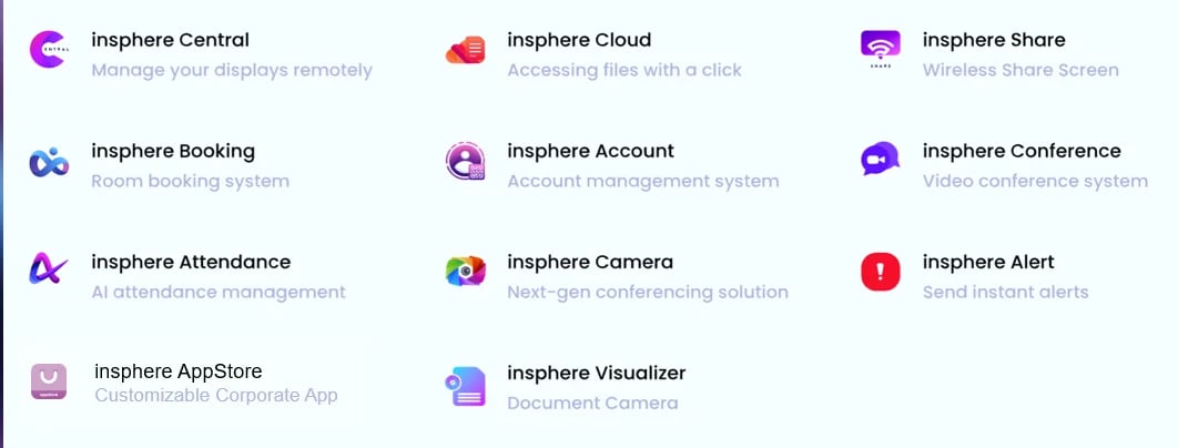 Grid of 10 Insphere app icons with titles and descriptions including Control, Cloud, Share, Booking, Account, Conference, Attendance, Camera, AppStore, Visualizer and Alert