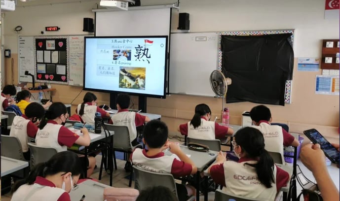 Classroom full of students sitting at desks facing a large screen display showing Chinese characters and an illustration