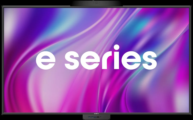 Display monitor showing e series text on vibrant purple and pink gradient background with flowing wave patterns