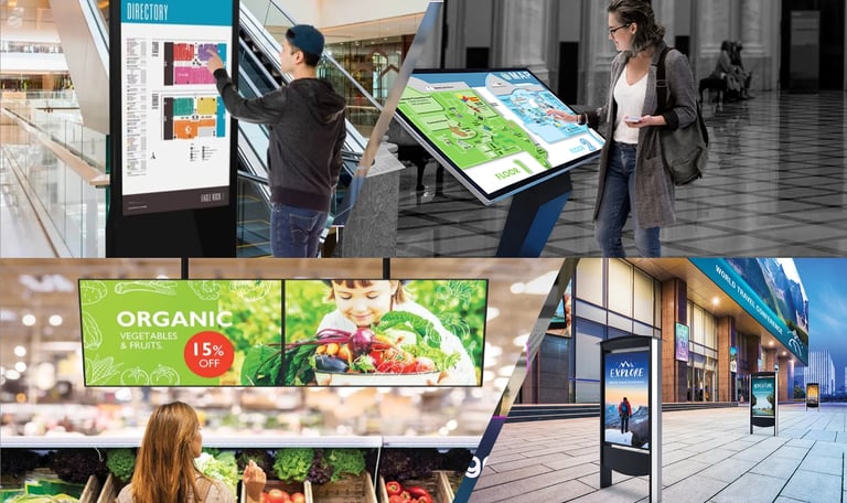 Collage of digital signage and displays in retail and public spaces, showing interactive screens and promotional advertisements for products