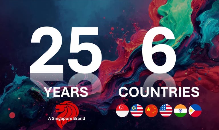 A Singapore brand milestone graphic showing 25 years and 6 countries with flag icons on a colorful abstract background
