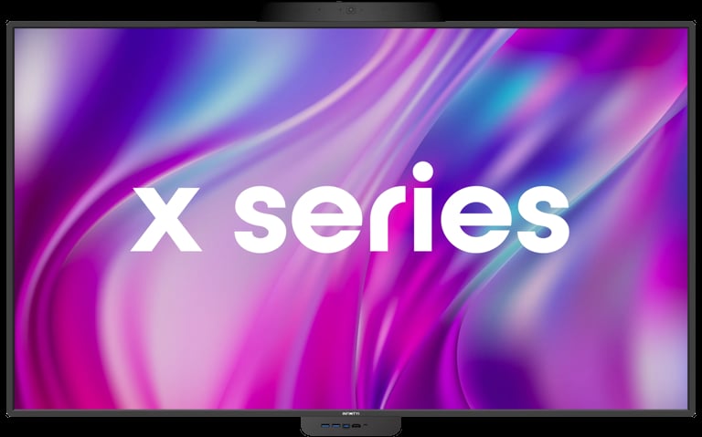 Television displaying X series text on vibrant purple and pink gradient background with flowing wave patterns