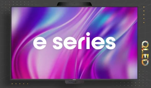 Purple and pink gradient display showing e series text on a monitor screen