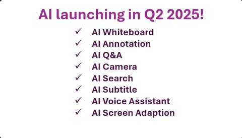 List of 8 AI features launching in Q2 2025 including Whiteboard, Annotation, Q&A, Camera, Search, Subtitle, Voice Assistant, and Screen Adaption